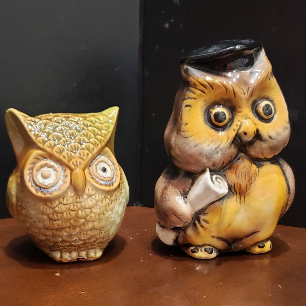 Vintage Set Of 2 Owls Graduate Ceramic Figurines